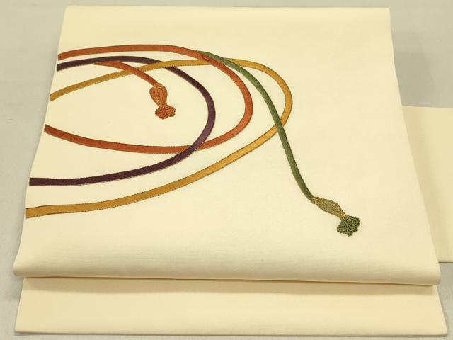 平和屋着物●中国三大刺繍　相良刺繍　塩瀬　九寸名古屋帯　駒刺繍　総刺繍　結び紐　金糸　正絹　逸品　DABB7124op