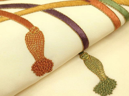 平和屋着物●中国三大刺繍　相良刺繍　塩瀬　九寸名古屋帯　駒刺繍　総刺繍　結び紐　金糸　正絹　逸品　DABB7124op