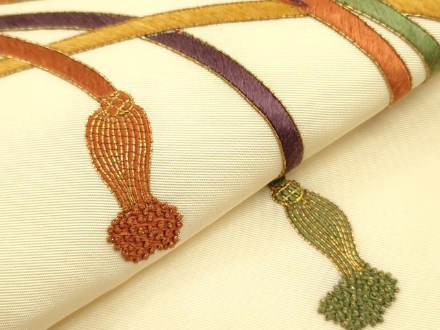 平和屋着物●中国三大刺繍　相良刺繍　塩瀬　九寸名古屋帯　駒刺繍　総刺繍　結び紐　金糸　正絹　逸品　DABB7124op