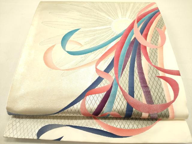 平和屋着物●現代の憂氣世絵師　米倉斉加年　太鼓柄袋帯　鬘帯菊文　銀糸　正絹　逸品　DABB7125op