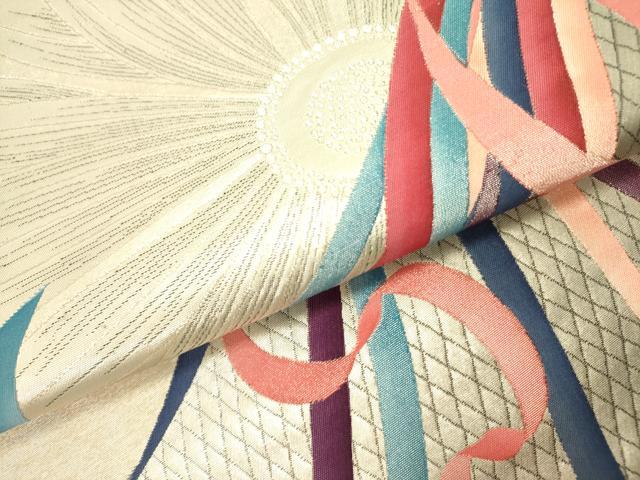 平和屋着物●現代の憂氣世絵師　米倉斉加年　太鼓柄袋帯　鬘帯菊文　銀糸　正絹　逸品　DABB7125op