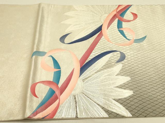 平和屋着物●現代の憂氣世絵師　米倉斉加年　太鼓柄袋帯　鬘帯菊文　銀糸　正絹　逸品　DABB7125op