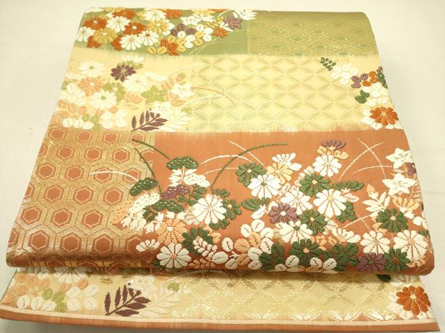平和屋着物●六通柄袋帯 唐織 割付市松秋草文 若松華瑶謹織 金糸 正絹 逸品 DABB7134op