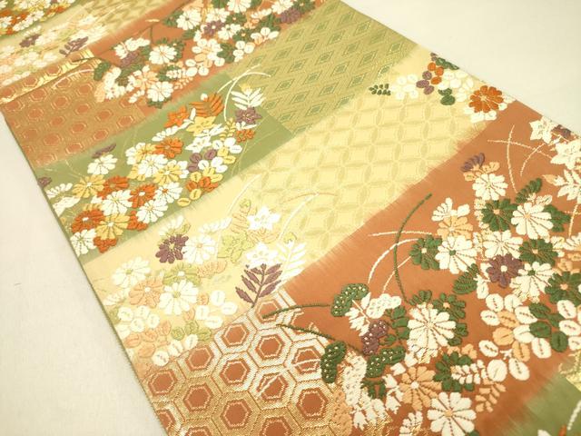 平和屋着物●六通柄袋帯 唐織 割付市松秋草文 若松華瑶謹織 金糸 正絹 逸品 DABB7134op