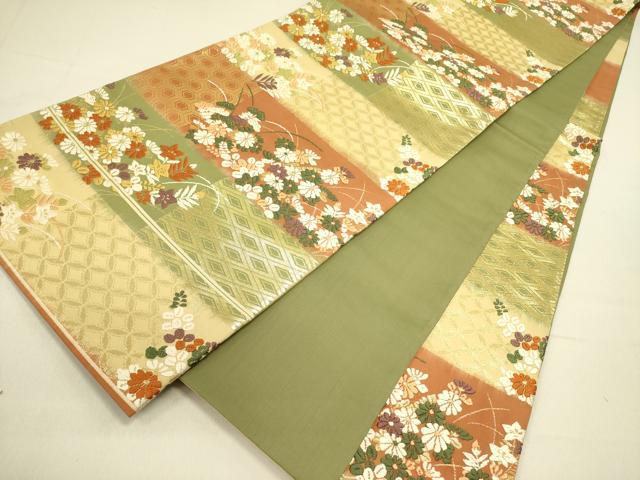 平和屋着物●六通柄袋帯 唐織 割付市松秋草文 若松華瑶謹織 金糸 正絹 逸品 DABB7134op