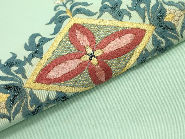 平和屋着物●塩瀬 九寸開き名古屋帯 総刺繍 花菱文 金銀糸 正絹 逸品 DABB7136op