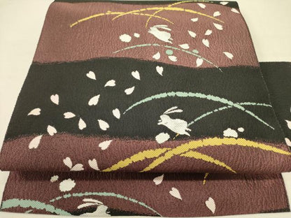 平和屋着物●八寸名古屋帯 舞桜 跳び兎 芝 正絹 逸品 DABB7141op