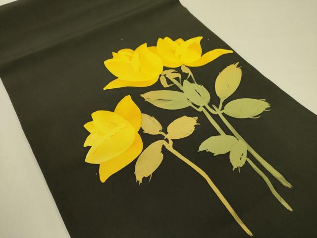 平和屋着物●塩瀬 九寸開き名古屋帯 草花 ろうけつ染め 黒地 正絹 逸品 DABB7224op