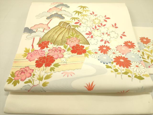 平和屋着物●塩瀬 九寸名古屋帯 駒刺繍 流水風景花文 金彩 正絹 逸品 DABB7226op