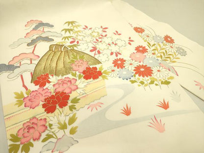 平和屋着物●塩瀬 九寸名古屋帯 駒刺繍 流水風景花文 金彩 正絹 逸品 DABB7226op