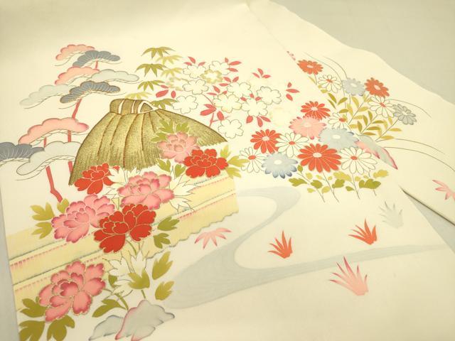 平和屋着物●塩瀬 九寸名古屋帯 駒刺繍 流水風景花文 金彩 正絹 逸品 DABB7226op