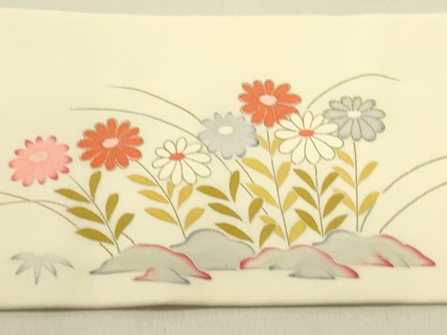 平和屋着物●塩瀬 九寸名古屋帯 駒刺繍 流水風景花文 金彩 正絹 逸品 DABB7226op