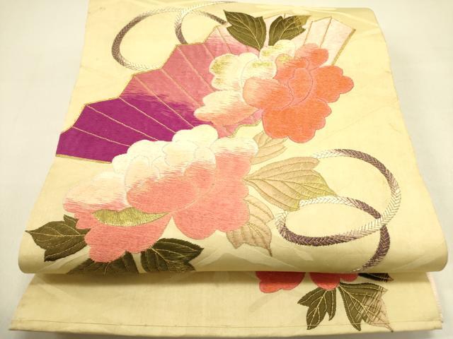 平和屋着物●アンティーク 大正ロマン 太鼓柄京袋帯 駒刺繍 総刺繍 檜扇花文 金糸 正絹 逸品 DABB7231op