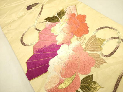 平和屋着物●アンティーク 大正ロマン 太鼓柄京袋帯 駒刺繍 総刺繍 檜扇花文 金糸 正絹 逸品 DABB7231op