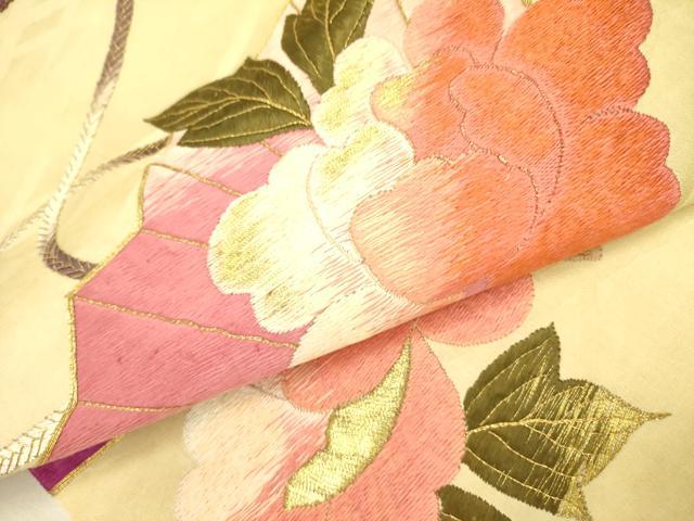 平和屋着物●アンティーク 大正ロマン 太鼓柄京袋帯 駒刺繍 総刺繍 檜扇花文 金糸 正絹 逸品 DABB7231op