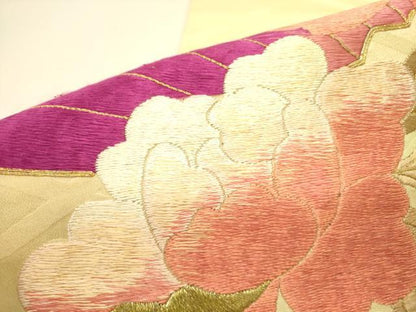 平和屋着物●アンティーク 大正ロマン 太鼓柄京袋帯 駒刺繍 総刺繍 檜扇花文 金糸 正絹 逸品 DABB7231op