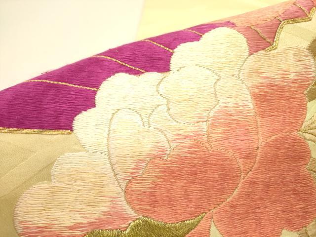 平和屋着物●アンティーク 大正ロマン 太鼓柄京袋帯 駒刺繍 総刺繍 檜扇花文 金糸 正絹 逸品 DABB7231op