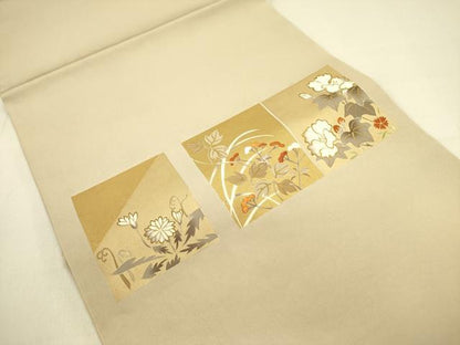 平和屋着物●塩瀬 九寸開き名古屋帯 刺繍 色紙草花文 金銀彩 正絹 逸品 DABB7236op