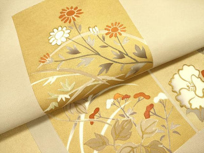 平和屋着物●塩瀬 九寸開き名古屋帯 刺繍 色紙草花文 金銀彩 正絹 逸品 DABB7236op