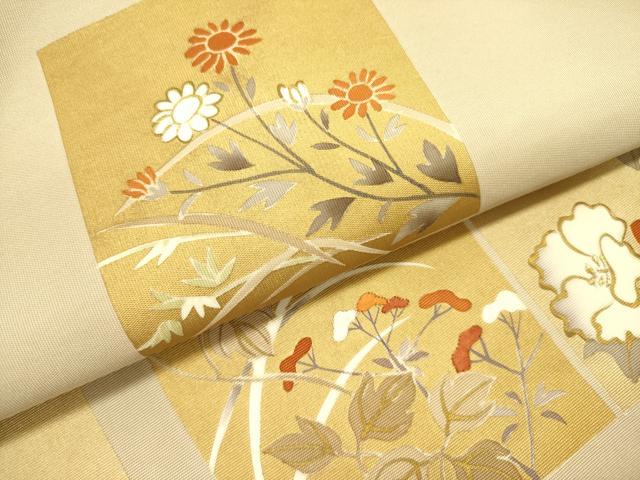 平和屋着物●塩瀬 九寸開き名古屋帯 刺繍 色紙草花文 金銀彩 正絹 逸品 DABB7236op