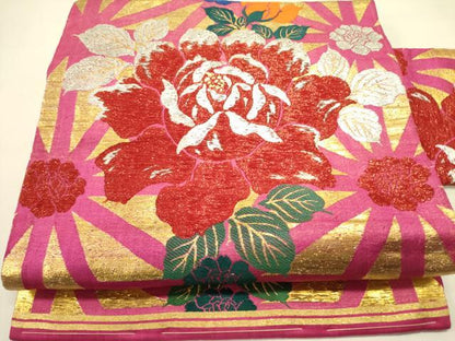 平和屋着物●アンティーク 大正ロマン 九寸名古屋帯 草花 金銀糸 正絹 逸品 DABB7244op