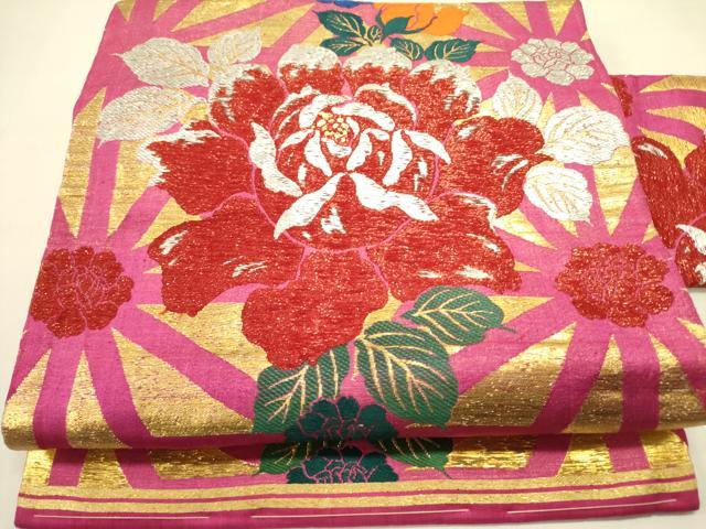 平和屋着物●アンティーク 大正ロマン 九寸名古屋帯 草花 金銀糸 正絹 逸品 DABB7244op