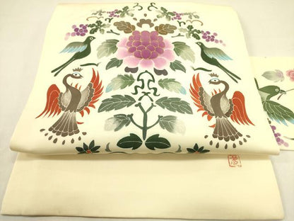 平和屋着物●塩瀬 九寸名古屋帯 作家物 花鳥文 金彩 正絹 逸品 DABB7256op