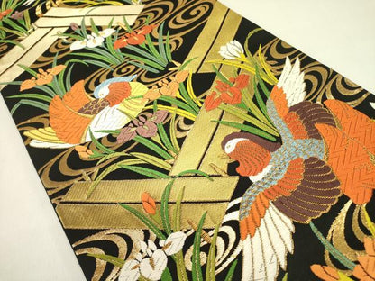 平和屋着物●六通柄袋帯 唐織 鴛鴦 杜若 カキツバタ 黒地 金糸 正絹 逸品 DABB7263op