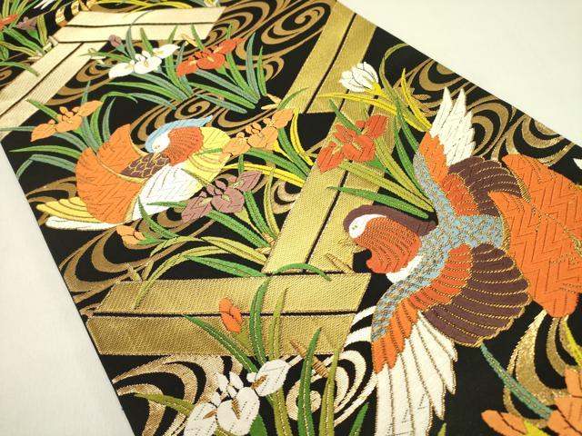 平和屋着物●六通柄袋帯 唐織 鴛鴦 杜若 カキツバタ 黒地 金糸 正絹 逸品 DABB7263op