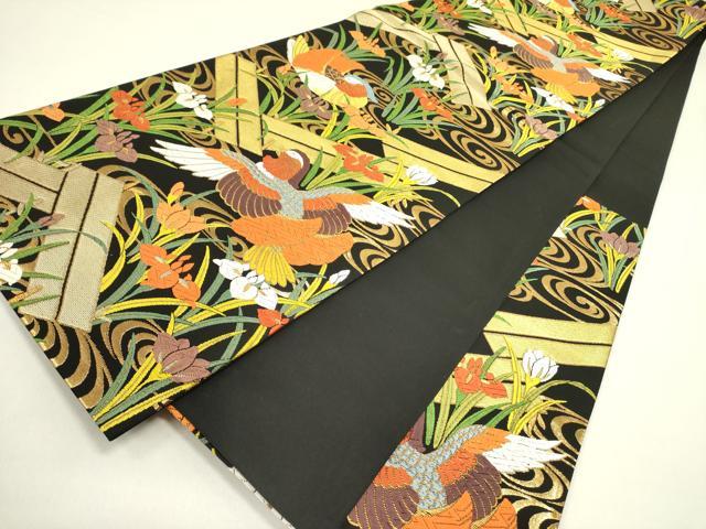 平和屋着物●六通柄袋帯 唐織 鴛鴦 杜若 カキツバタ 黒地 金糸 正絹 逸品 DABB7263op