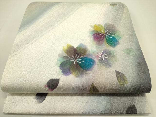 平和屋着物●九寸開き名古屋帯　舞桜　銀通し地　正絹　逸品　未使用　DABB7268op
