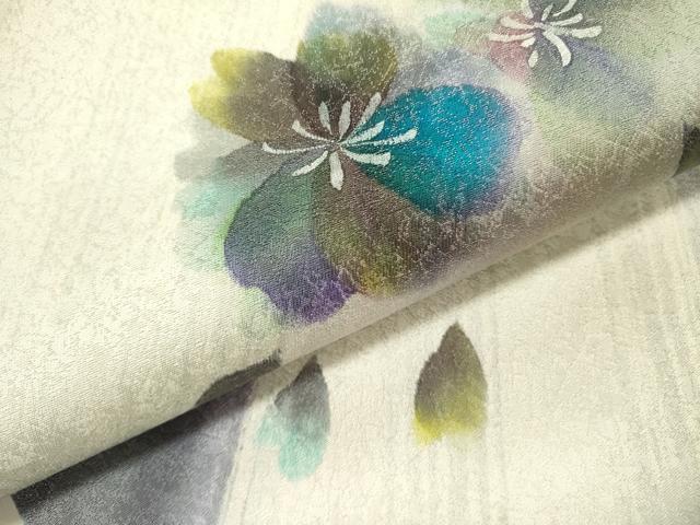 平和屋着物●九寸開き名古屋帯　舞桜　銀通し地　正絹　逸品　未使用　DABB7268op