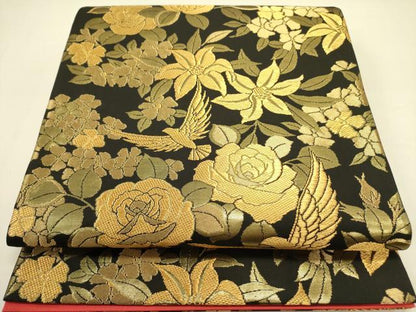 平和屋着物●染色作家 斉藤三才 六通柄袋帯 三才鳥 草花 金糸 正絹 逸品 DABB7275op