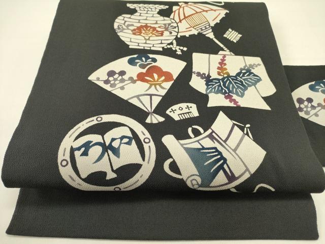 平和屋着物●九寸名古屋帯　型染　器物花文　鬼しぼ縮緬　正絹　逸品　未使用　DABB7280op