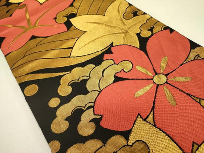 平和屋着物●織物一筋名門 織悦 全通柄 本袋帯 立波花文 黒地 金糸 正絹 逸品 DABB7281op