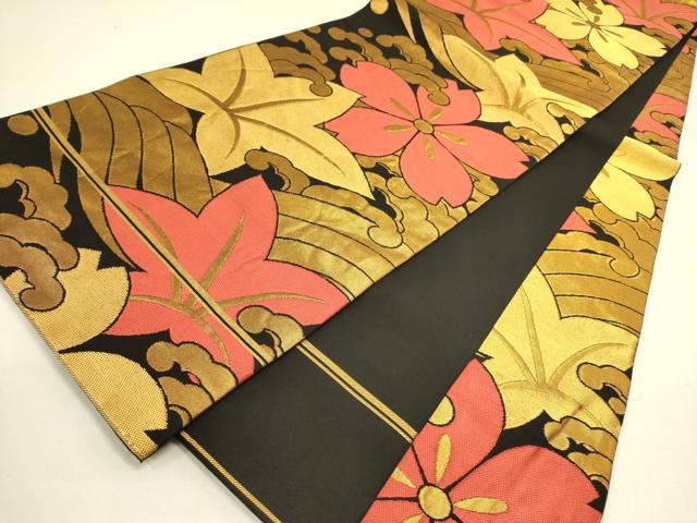 平和屋着物●織物一筋名門 織悦 全通柄 本袋帯 立波花文 黒地 金糸 正絹 逸品 DABB7281op