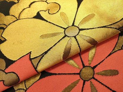 平和屋着物●織物一筋名門 織悦 全通柄 本袋帯 立波花文 黒地 金糸 正絹 逸品 DABB7281op