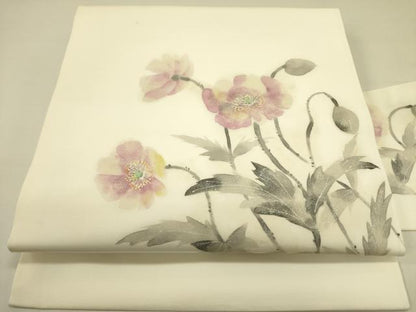 平和屋着物●塩瀬 九寸名古屋帯 手描き 草花 正絹 逸品 DABB7282op