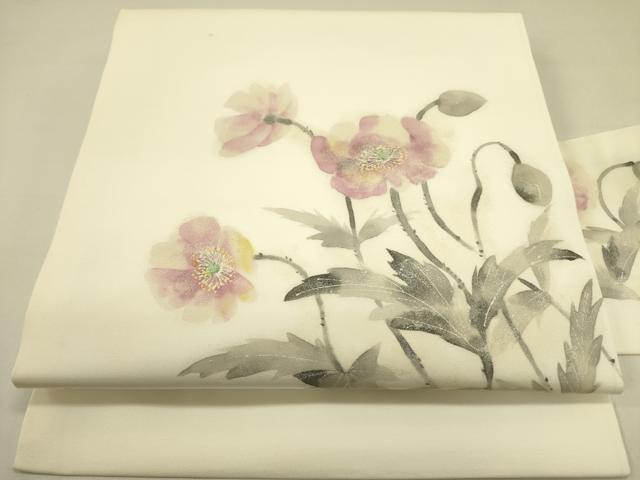 平和屋着物●塩瀬 九寸名古屋帯 手描き 草花 正絹 逸品 DABB7282op