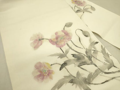 平和屋着物●塩瀬 九寸名古屋帯 手描き 草花 正絹 逸品 DABB7282op