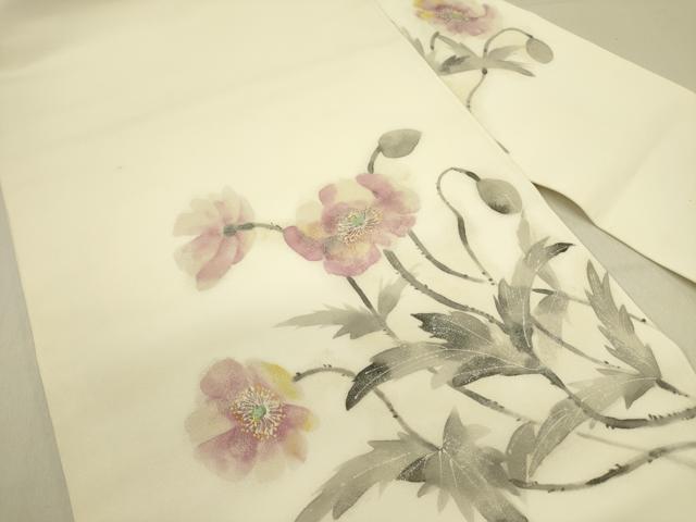 平和屋着物●塩瀬 九寸名古屋帯 手描き 草花 正絹 逸品 DABB7282op
