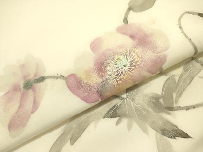 平和屋着物●塩瀬 九寸名古屋帯 手描き 草花 正絹 逸品 DABB7282op