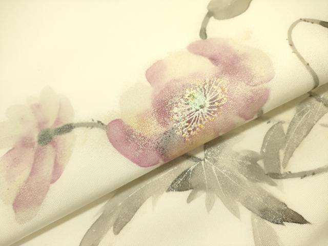 平和屋着物●塩瀬 九寸名古屋帯 手描き 草花 正絹 逸品 DABB7282op