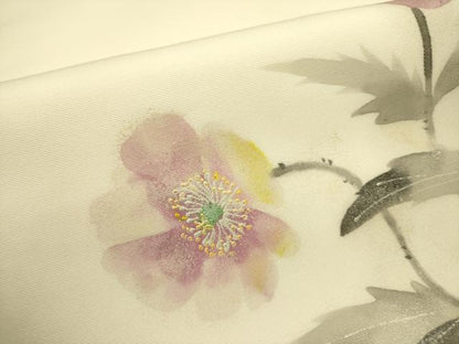 平和屋着物●塩瀬 九寸名古屋帯 手描き 草花 正絹 逸品 DABB7282op