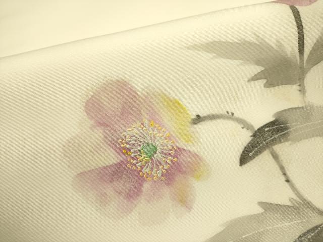 平和屋着物●塩瀬 九寸名古屋帯 手描き 草花 正絹 逸品 DABB7282op