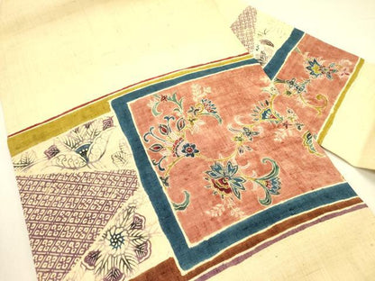 平和屋着物●九寸名古屋帯 型染 生紬 更紗花文 正絹 逸品 DABB7286op
