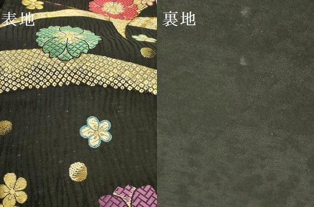 平和屋着物●六通柄袋帯 唐織 舞桜 舞梅 黒地 金糸 正絹 逸品 DABB7290op