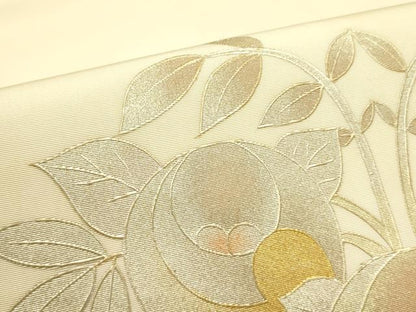 平和屋着物●塩瀬 九寸名古屋帯 草花 金銀彩 正絹 逸品 DABB7298op
