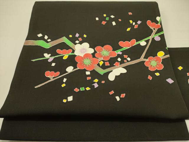 平和屋着物●塩瀬 九寸名古屋帯 枝梅 黒地 正絹 逸品 DABB7312op