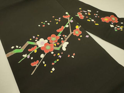 平和屋着物●塩瀬 九寸名古屋帯 枝梅 黒地 正絹 逸品 DABB7312op
